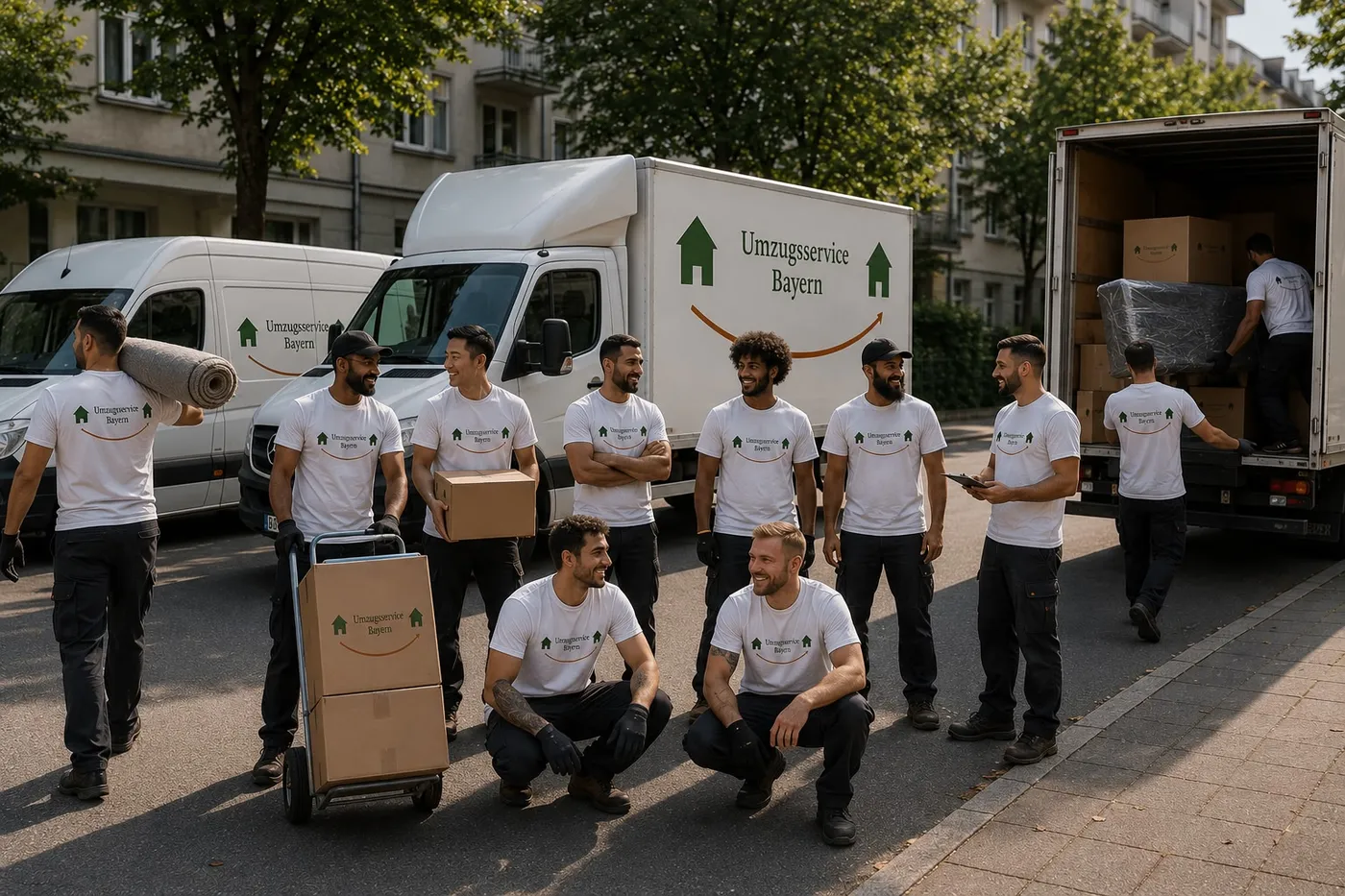 Das Team von umzugsservice-bayern.com vor den Umzugsfahrzeugen in Amberg